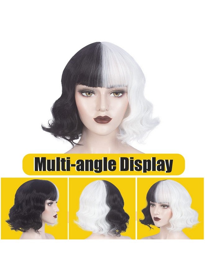 ويكين باروكة WeKen باللونين الأسود والأشقر للبنات باروكة قصيرة مموجة نصفها أسود ونصفها أشقر مع غرة من تصميم Cruella Deville للنساء باروكة صناعية للحفلات اليومية (أسود وأبيض مع غرة) - Image 3