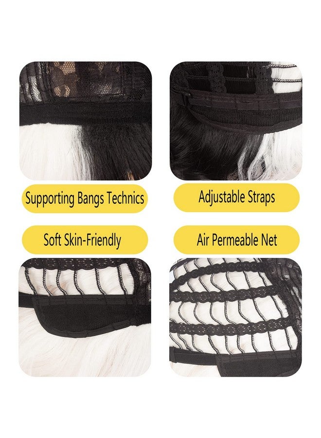 ويكين باروكة WeKen باللونين الأسود والأشقر للبنات باروكة قصيرة مموجة نصفها أسود ونصفها أشقر مع غرة من تصميم Cruella Deville للنساء باروكة صناعية للحفلات اليومية (أسود وأبيض مع غرة) - Image 4