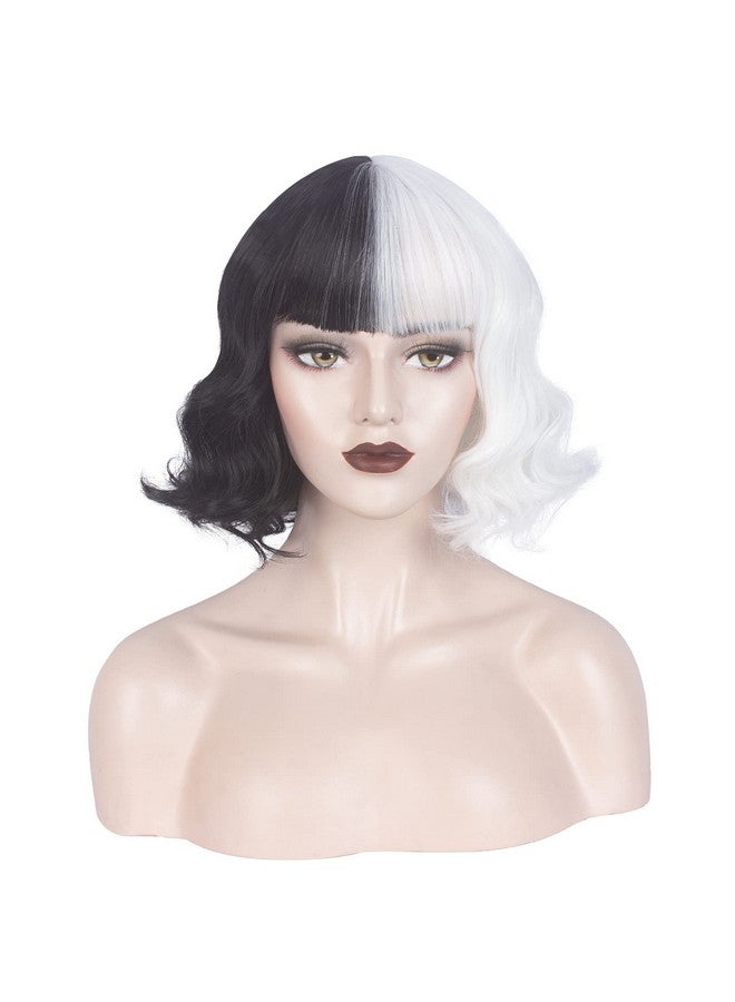 ويكين باروكة WeKen باللونين الأسود والأشقر للبنات باروكة قصيرة مموجة نصفها أسود ونصفها أشقر مع غرة من تصميم Cruella Deville للنساء باروكة صناعية للحفلات اليومية (أسود وأبيض مع غرة) - Image 2