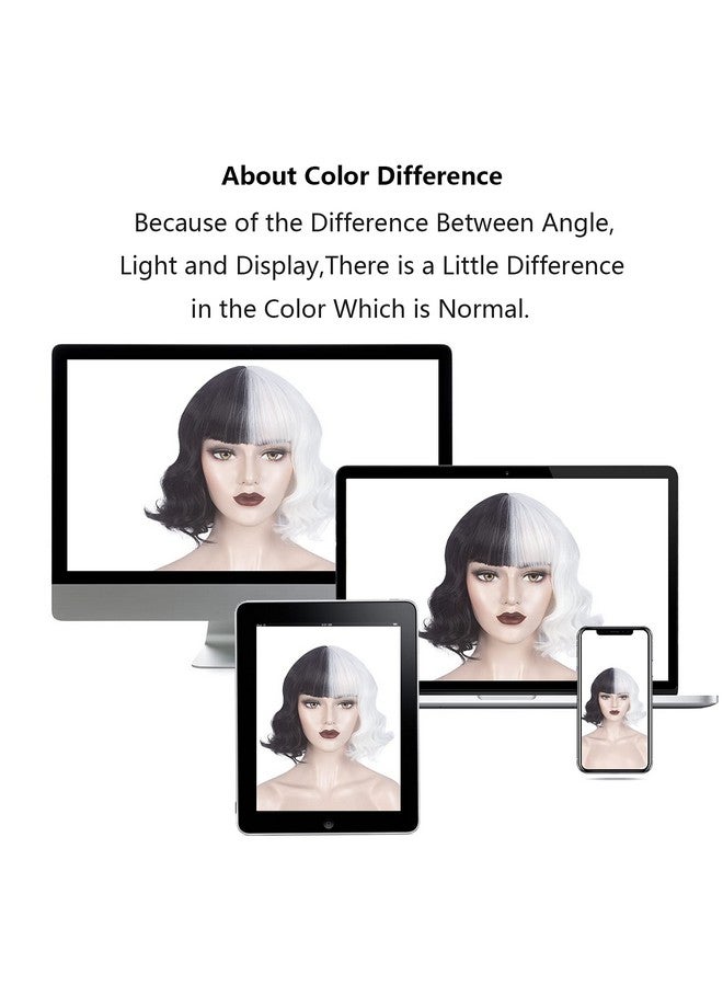 ويكين باروكة WeKen باللونين الأسود والأشقر للبنات باروكة قصيرة مموجة نصفها أسود ونصفها أشقر مع غرة من تصميم Cruella Deville للنساء باروكة صناعية للحفلات اليومية (أسود وأبيض مع غرة) - Image 5