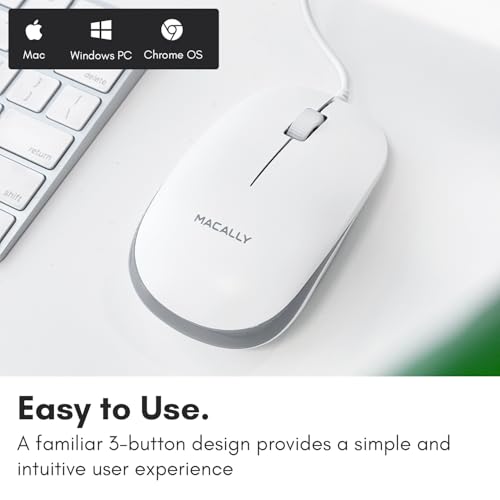 MACALLY ماكالي USB ماوس سلكي لماك وويندوز - توصيل وتشغيل 3 أزرار ماوس كمبيوتر سلكي لماك بوك برو/إير، آبل آيماك، لابتوب، كمبيوتر مكتبي، نوت بوك، تصميم بعجلة تمرير مع سلك طويل - Image 2
