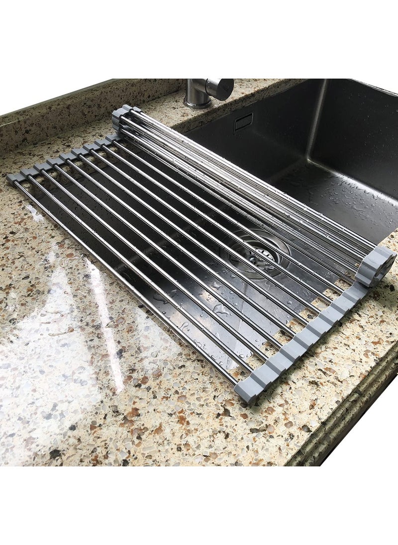 Tomorotec Attom Tech Home 17.7" x 11.5" Long Dish Drying Rack, Roll Up Dish Racks Multipurpose Foldable Stainless Steel Over Sink Kitchen Drainer Rack for Cups Fruits Vegetables  - Image 1