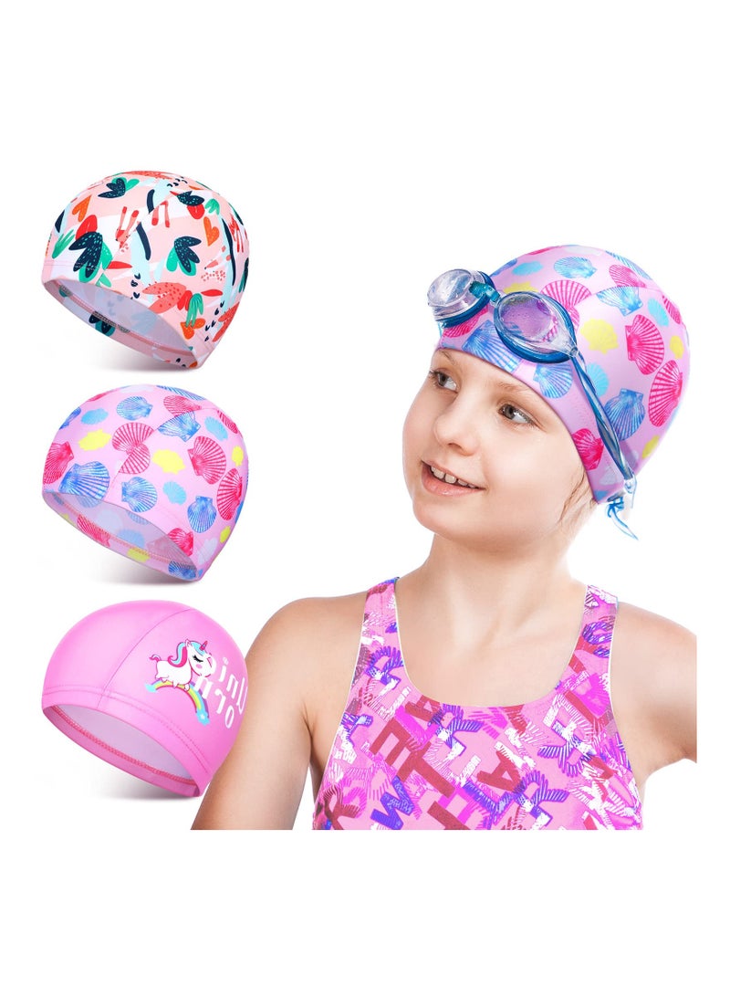 Generic 3 Pack Kids Polyester Swim Caps, Flexible Nylon Bathing Hats for Long Hair, Unisex Swimming Caps for Children, Comfortable and Durable Swimwear Accessories. - Image 1