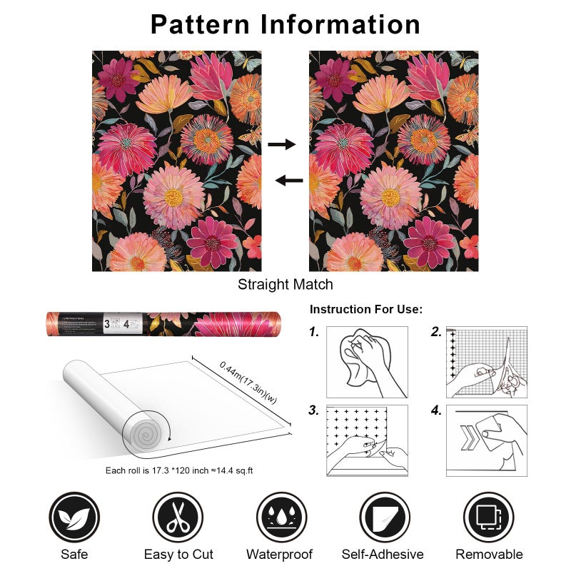 Simon&Siff Floral Wallpaper Peel and Stick Boho Contact Paper Removable Self Adhesive Waterproof Wall Paper for Cabinets Bedroom Decorative 17.3" x 120" - Image 3