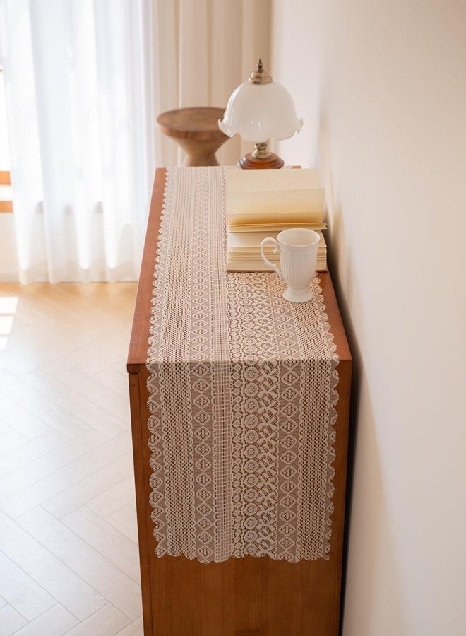 Zulzifs Dresser Runner Cover Top - 13 x 63 Inches Cream Lace Table Runner, Macrame Crochet Dresser Scarf Doily for Drawer Dresser Modern Table Decor Beige - Image 3