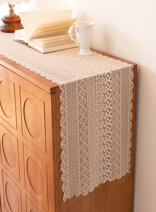 Zulzifs Dresser Runner Cover Top - 13 x 63 Inches Cream Lace Table Runner, Macrame Crochet Dresser Scarf Doily for Drawer Dresser Modern Table Decor Beige - Image 1