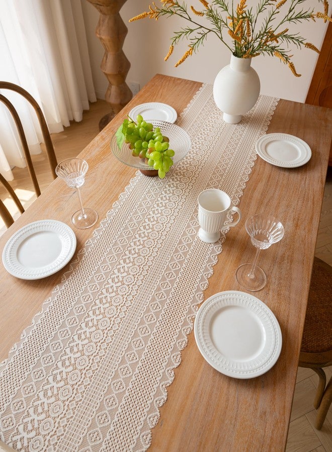 Zulzifs Dresser Runner Cover Top - 13 x 63 Inches Cream Lace Table Runner, Macrame Crochet Dresser Scarf Doily for Drawer Dresser Modern Table Decor Beige - Image 4