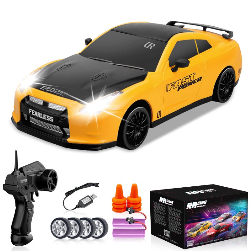 YUAN PLAN RC Drift Car 1/24 2.4GHz 4WD Remote Control Car, High Speed Drifting RC Cars with LED Lights, 2 Rechargeable Batteries and Drift Tires Racing Toy Cars for Kids (Yellow) - Image 1