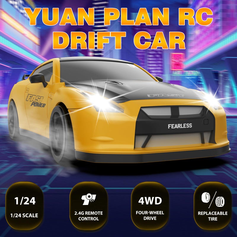 YUAN PLAN RC Drift Car 1/24 2.4GHz 4WD Remote Control Car, High Speed Drifting RC Cars with LED Lights, 2 Rechargeable Batteries and Drift Tires Racing Toy Cars for Kids (Yellow) - Image 2