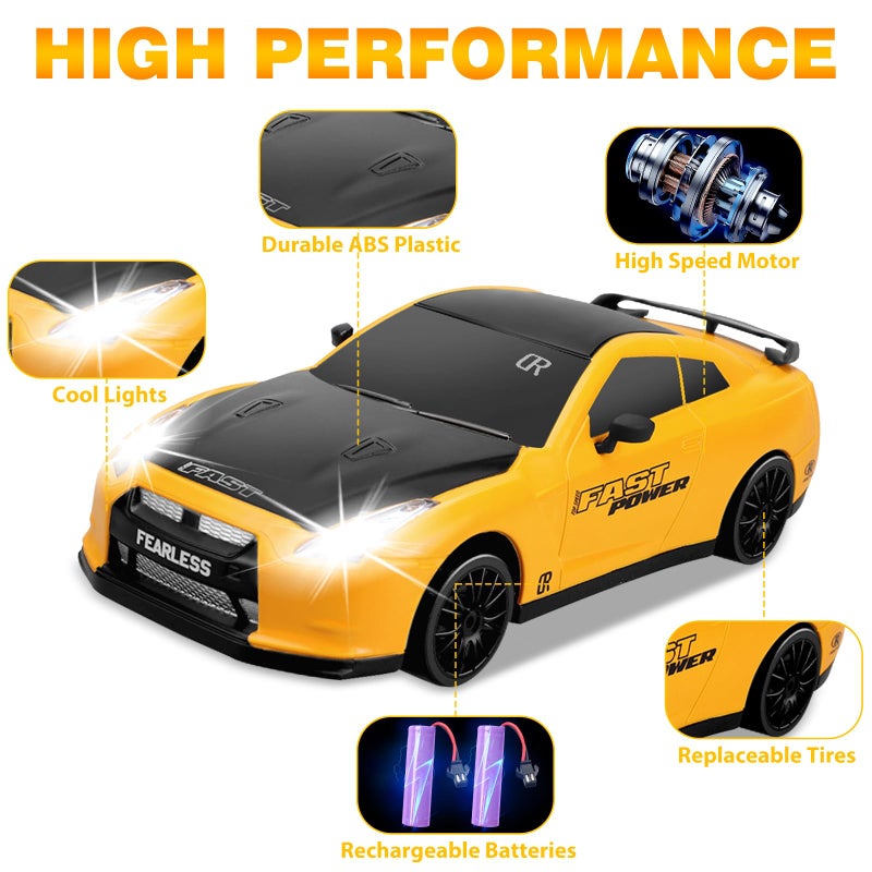 YUAN PLAN RC Drift Car 1/24 2.4GHz 4WD Remote Control Car, High Speed Drifting RC Cars with LED Lights, 2 Rechargeable Batteries and Drift Tires Racing Toy Cars for Kids (Yellow) - Image 3