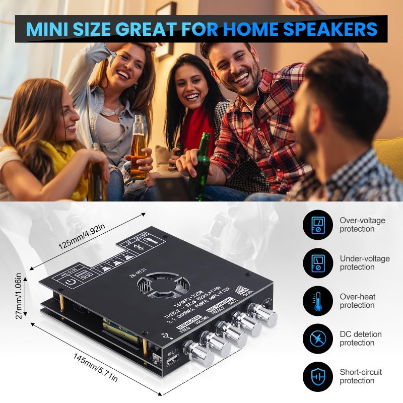 ARRAROWN Bluetooth Amplifier Board, ZK-HT21 2.1 Channel 160W x 2+220W Subwoofer Stereo Mini Audio Power Amplifier Module TDA7498E HiFi Chips,BT USB AUX Input DC 15-36V for DIY Home Speakers - Image 5