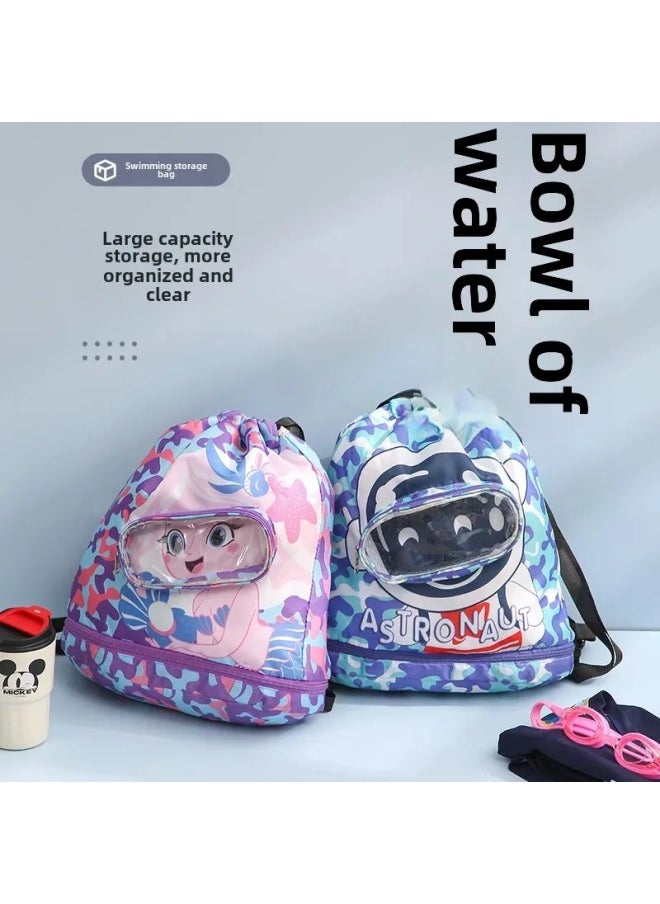 Loquat Summer Children's Swimming Double Shoulder Bag Wet And Dry Separation Waterproof Portable Large Capacity Beach Storage Bag-Color:Blue Swimming Bag (small Size)  - Image 2