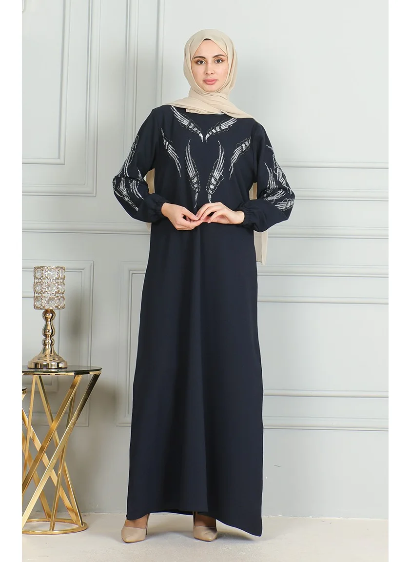 Sefa Merve Elastic Sleeve Stone Evening Dress 0497-04 Navy Blue