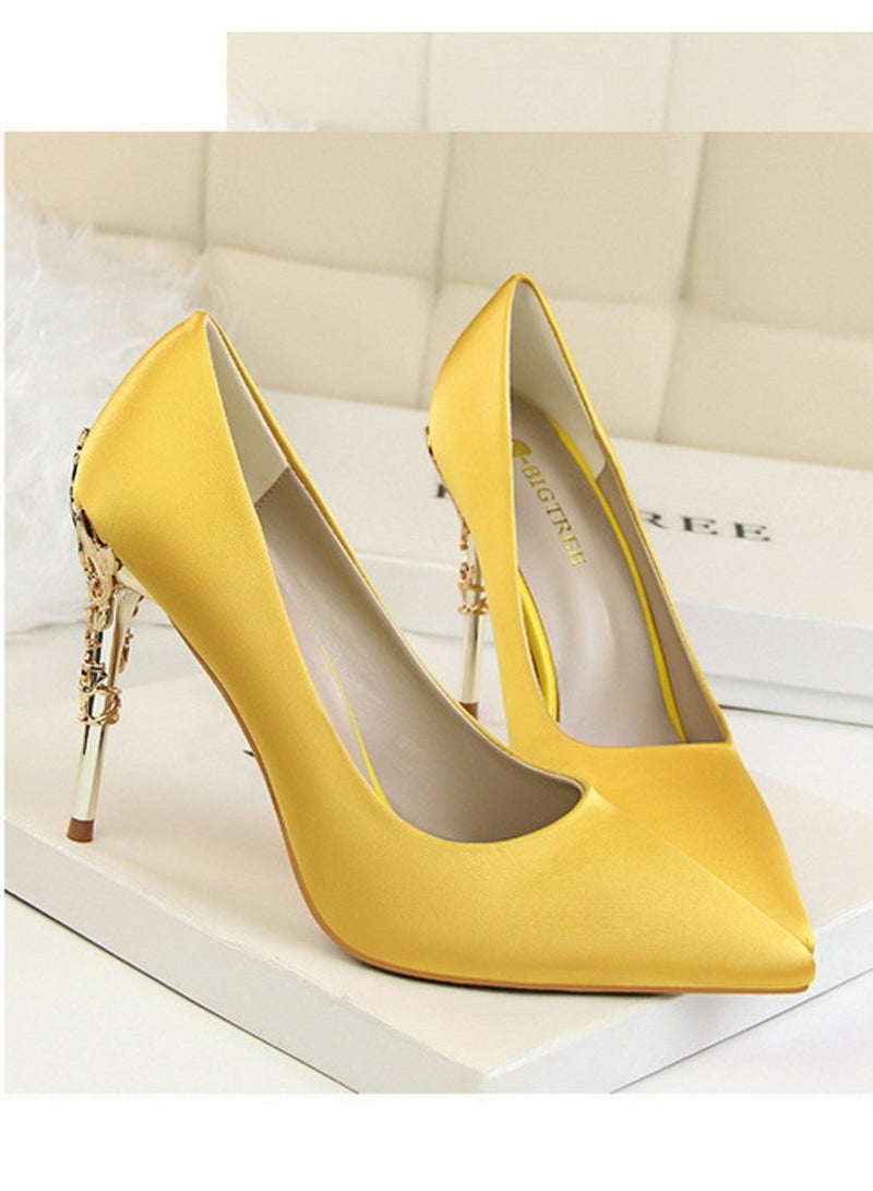بيج تري Women's Elegant Stiletto Pumps With 10 CM Personalized Metal Heel Elegant Gorgeous Closed Pointed Toe Slip On Solid High Heels Yellow - Image 2
