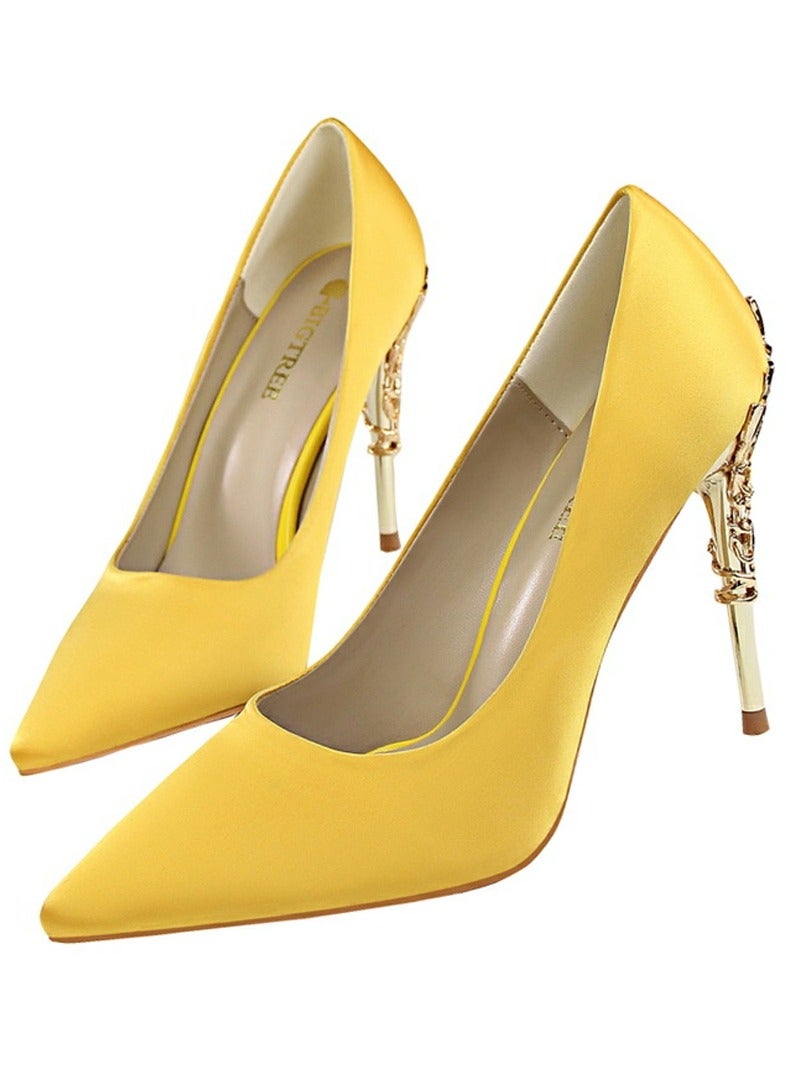 بيج تري Women's Elegant Stiletto Pumps With 10 CM Personalized Metal Heel Elegant Gorgeous Closed Pointed Toe Slip On Solid High Heels Yellow - Image 1