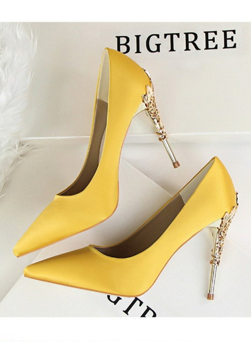 بيج تري Women's Elegant Stiletto Pumps With 10 CM Personalized Metal Heel Elegant Gorgeous Closed Pointed Toe Slip On Solid High Heels Yellow - Image 4