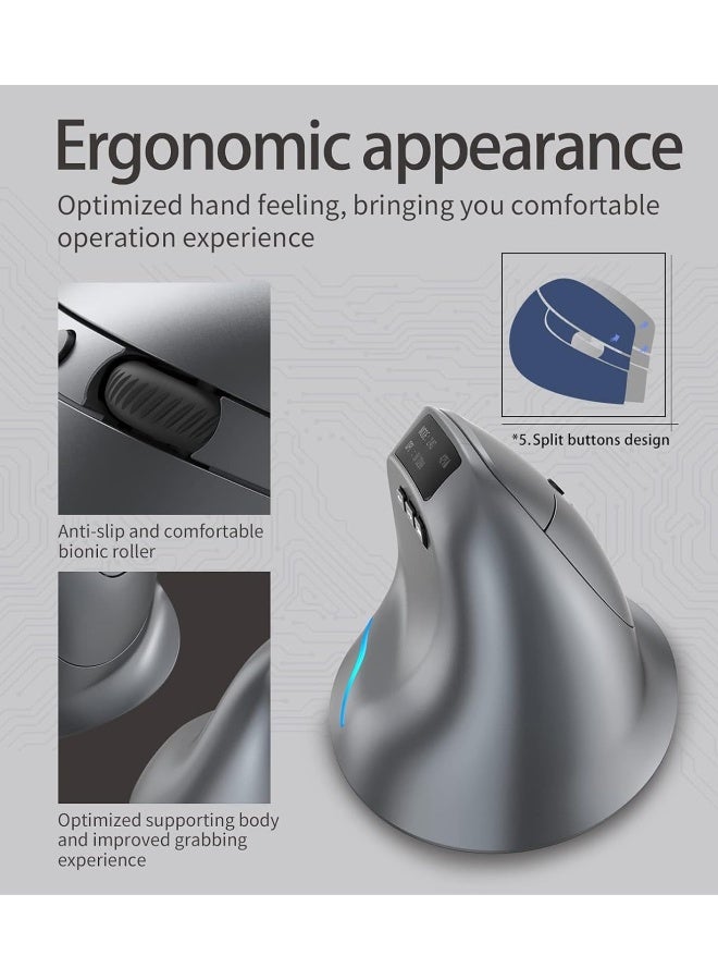 F-26C 2.4G Wireless Vertical Ergonomic Bluetooth Optical Mouse, 4 DPI Adjustment 1000/1600/2400/3200 7 Color Lights with LED Screen Display Suitable for Game Player PC Laptop, Grey - Image 4