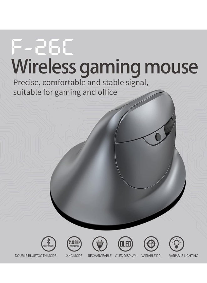 F-26C 2.4G Wireless Vertical Ergonomic Bluetooth Optical Mouse, 4 DPI Adjustment 1000/1600/2400/3200 7 Color Lights with LED Screen Display Suitable for Game Player PC Laptop, Grey - Image 3