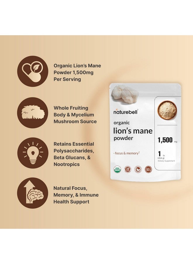 نايتشر بيل مسحوق فطر عرف الأسد العضوي من ناتشر بيل، بتركيز ١٥٠٠ ملغ لكل حصة، رطل واحد | مصدر كامل للفطريات والفطريات - مكمل غذائي لتعزيز التركيز والذاكرة والمناعة - نباتي وغير معدل وراثيًا - Image 3