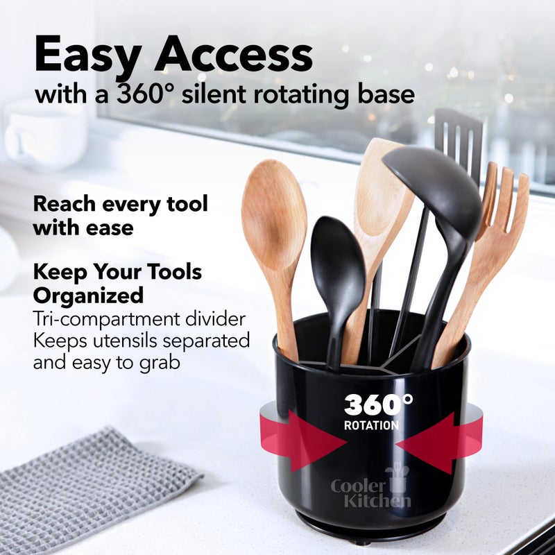 Cooler Kitchen Extra Large Sturdy Rotating Black Utensil Holder Caddy with No-Tip Weighted Base, and Gripped Insert - Rust Proof and Dishwasher Safe Kitchen Utensils Holder - Image 2