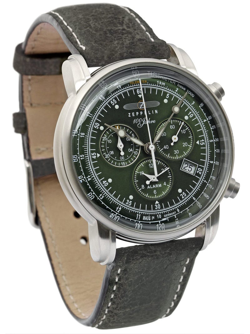 Zeppelin Leather Men Watch 100 Years Chronograph Alarm Light Sheet 8680, Green, Einheitsgröße, Strap. - Image 3