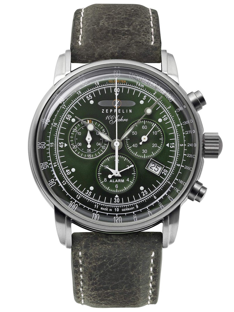 Zeppelin Leather Men Watch 100 Years Chronograph Alarm Light Sheet 8680, Green, Einheitsgröße, Strap. - Image 1
