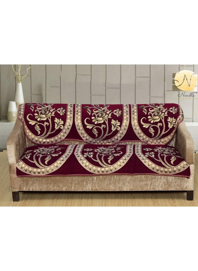 Nendle Floral Pattern Chenille Floral Sofa Covers Set of 3 Seater - (Maroon, 2 Pieces) - Image 1