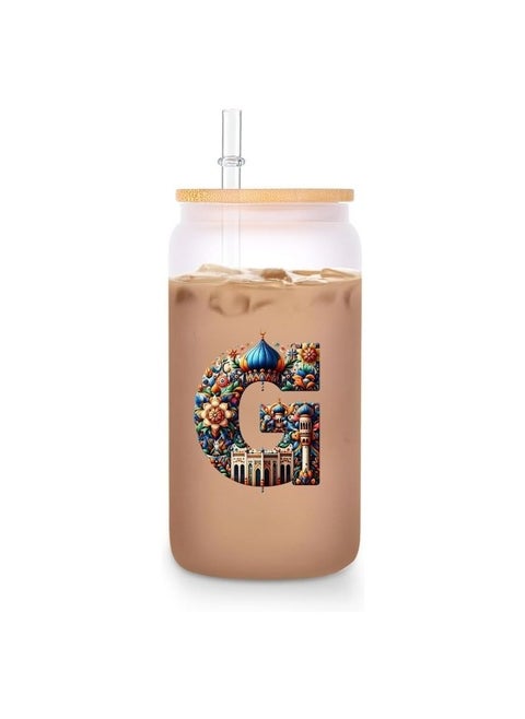 Eco-Friendly Reusable Glass Bottle with Straw and Bamboo Lid - 455 ml Initial Monogram Floral Design - Perfect for Iced Coffee, Tea - Durable, and Leak-Proof - Ideal for Office, and Travel