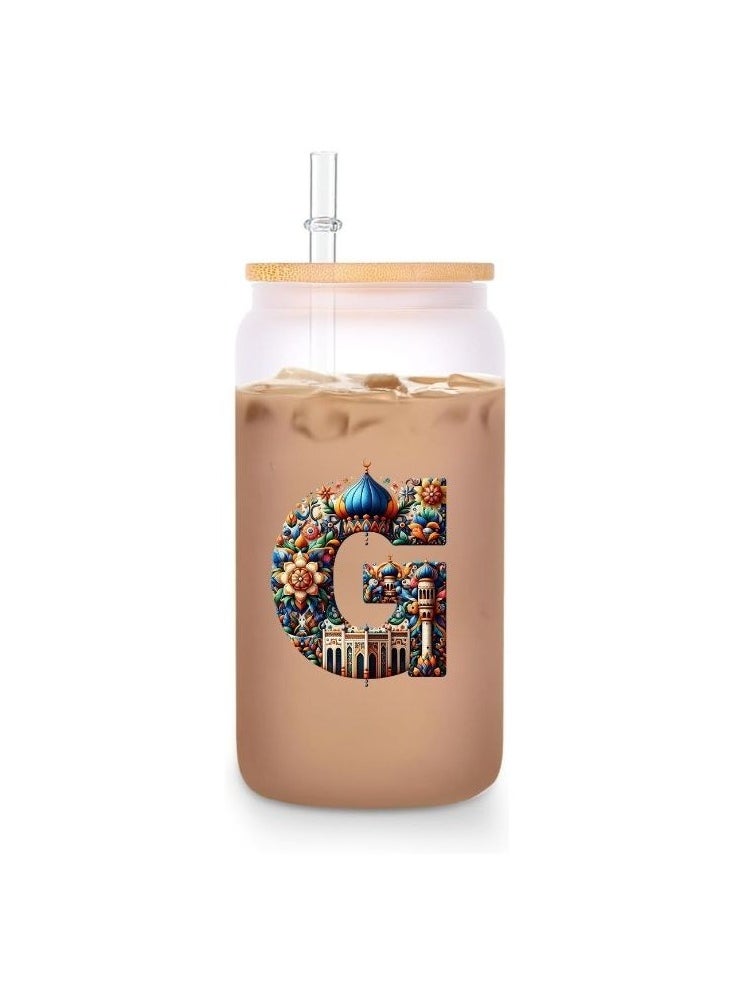 PRINTSHOP4ME Eco-Friendly Reusable Glass Bottle with Straw and Bamboo Lid - 455 ml Initial Monogram Floral Design - Perfect for Iced Coffee, Tea - Durable, and Leak-Proof - Ideal for Office, and Travel  - Image 1