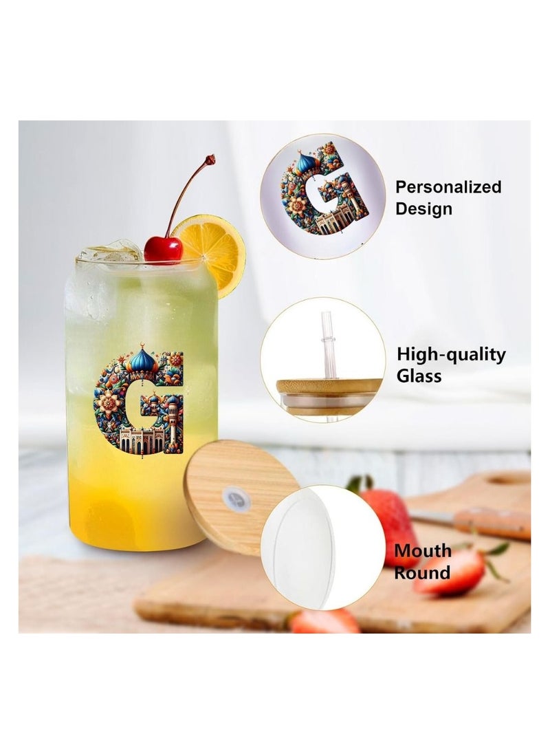PRINTSHOP4ME Eco-Friendly Reusable Glass Bottle with Straw and Bamboo Lid - 455 ml Initial Monogram Floral Design - Perfect for Iced Coffee, Tea - Durable, and Leak-Proof - Ideal for Office, and Travel  - Image 2