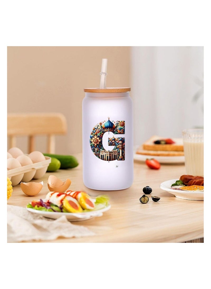 PRINTSHOP4ME - Eco-Friendly Reusable Glass Bottle with Straw and Bamboo Lid - 455 ml Initial Monogram Floral Design - Perfect for Iced Coffee, Tea - Durable, and Leak-Proof - Ideal for Office, and Travel - Image 1