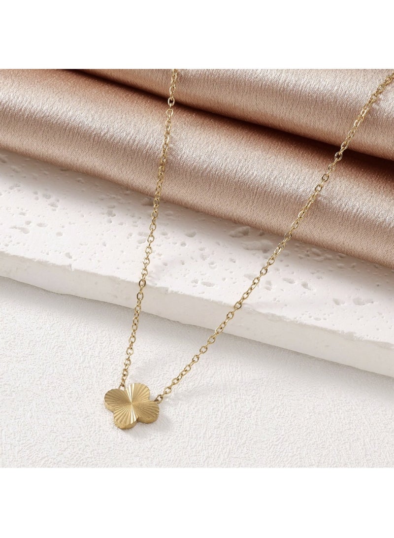 Elegant 3-Piece Jewelry Set (Necklace, Bracelet & Earrings) With Handmade Four-Leaf Clover Design In Polished Stainless Steel - Image 4