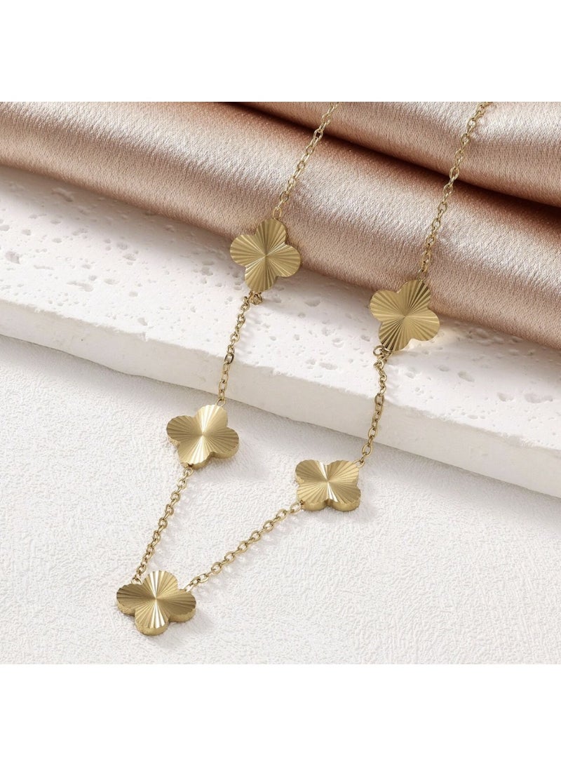 Elegant 3-Piece Jewelry Set (Necklace, Bracelet & Earrings) With Handmade Four-Leaf Clover Design In Polished Stainless Steel - Image 5