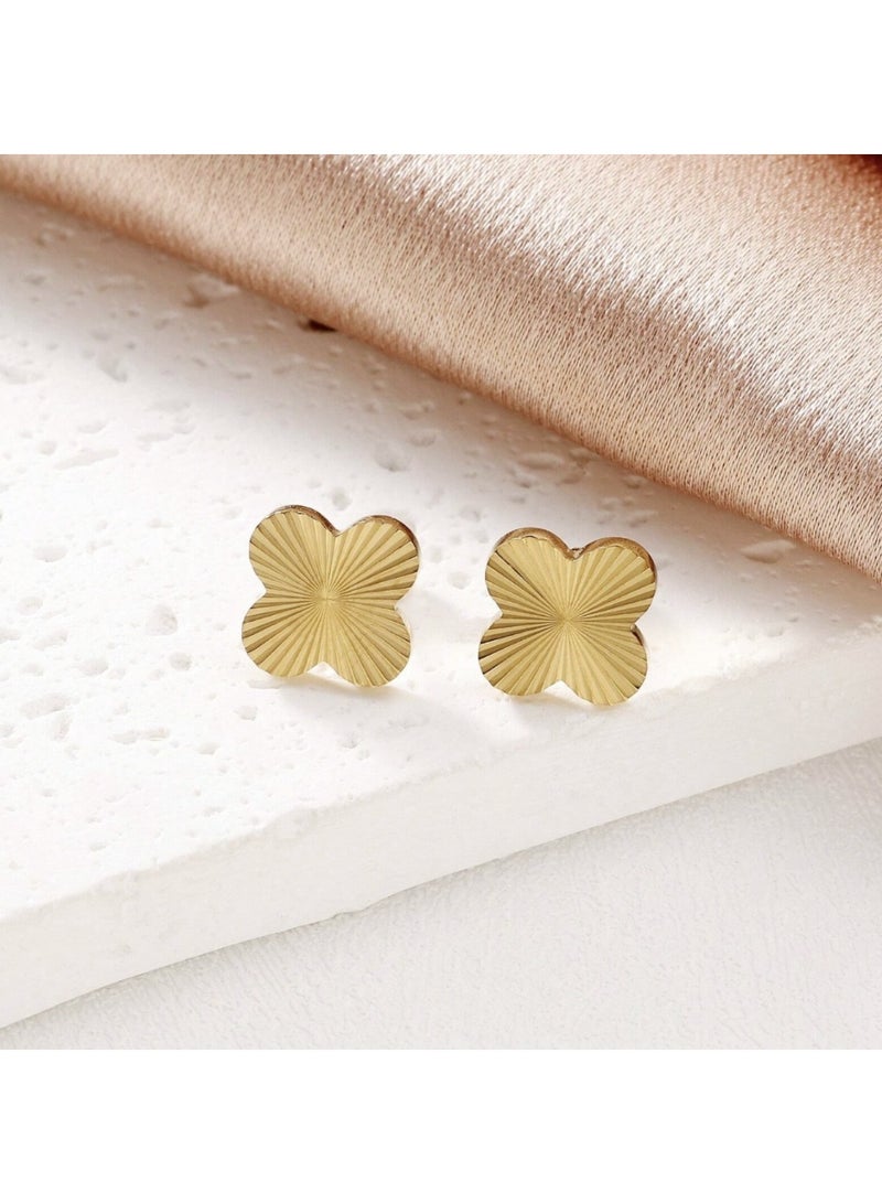 Elegant 3-Piece Jewelry Set (Necklace, Bracelet & Earrings) With Handmade Four-Leaf Clover Design In Polished Stainless Steel - Image 3