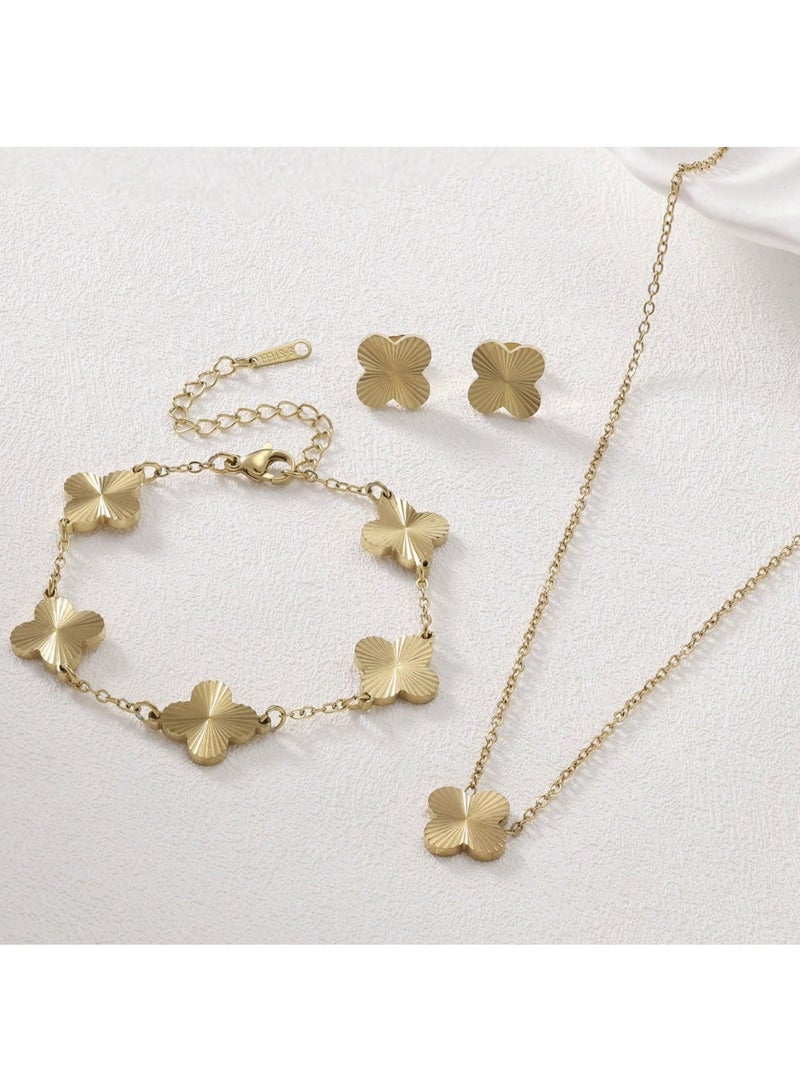 Elegant 3-Piece Jewelry Set (Necklace, Bracelet & Earrings) With Handmade Four-Leaf Clover Design In Polished Stainless Steel - Image 2
