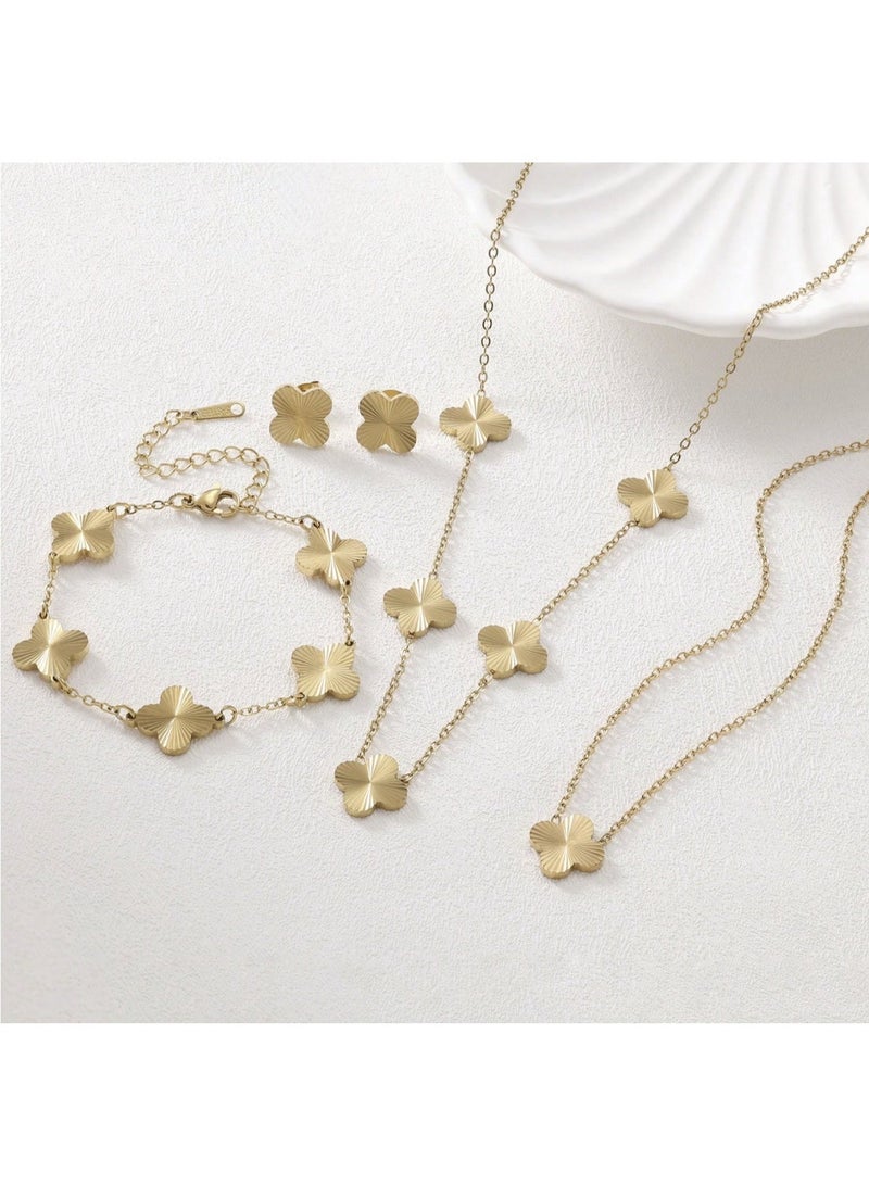Elegant 3-Piece Jewelry Set (Necklace, Bracelet & Earrings) With Handmade Four-Leaf Clover Design In Polished Stainless Steel - Image 1