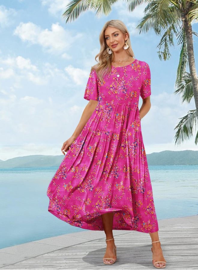 YESNO Women Casual Loose Bohemian Floral Dress with Pockets Short Sleeve Long Maxi Summer Beach Swing Dress (M EJF CR26) - Image 2