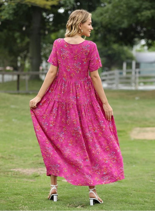 YESNO Women Casual Loose Bohemian Floral Dress with Pockets Short Sleeve Long Maxi Summer Beach Swing Dress (M EJF CR26) - Image 4