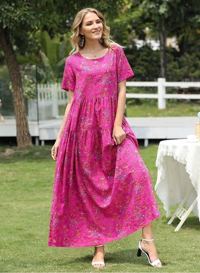 YESNO Women Casual Loose Bohemian Floral Dress with Pockets Short Sleeve Long Maxi Summer Beach Swing Dress (M EJF CR26) - Image 3