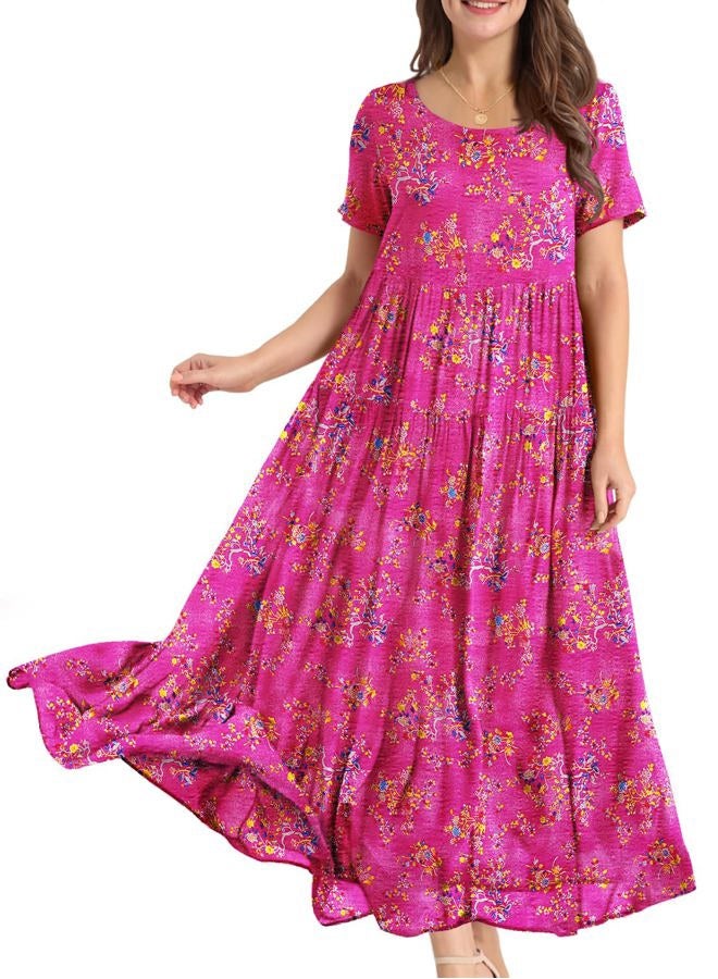 YESNO Women Casual Loose Bohemian Floral Dress with Pockets Short Sleeve Long Maxi Summer Beach Swing Dress (M EJF CR26) - Image 1