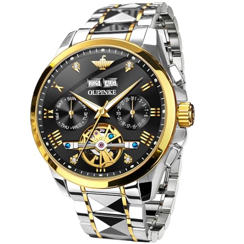 OUPINKE Mens Watches Skeleton Automatic Mechanical Tungsten Steel Luminous Wristwatch Waterproof Sapphire Two Tone Best Gifts for Watches for Men Black - Image 1