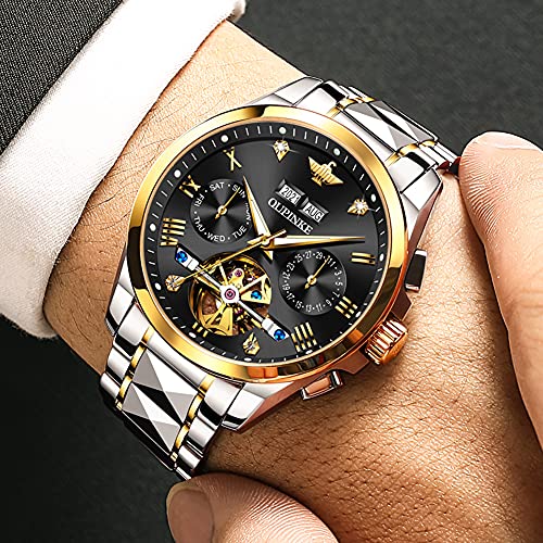 OUPINKE Mens Watches Skeleton Automatic Mechanical Tungsten Steel Luminous Wristwatch Waterproof Sapphire Two Tone Best Gifts for Watches for Men Black - Image 2