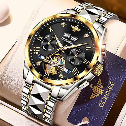 OUPINKE Mens Watches Skeleton Automatic Mechanical Tungsten Steel Luminous Wristwatch Waterproof Sapphire Two Tone Best Gifts for Watches for Men Black - Image 4