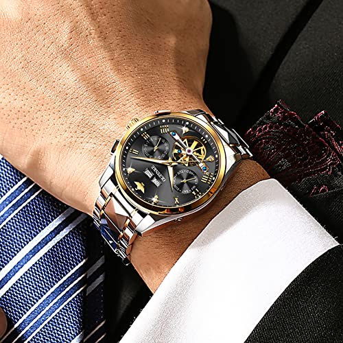 OUPINKE Mens Watches Skeleton Automatic Mechanical Tungsten Steel Luminous Wristwatch Waterproof Sapphire Two Tone Best Gifts for Watches for Men Black - Image 3