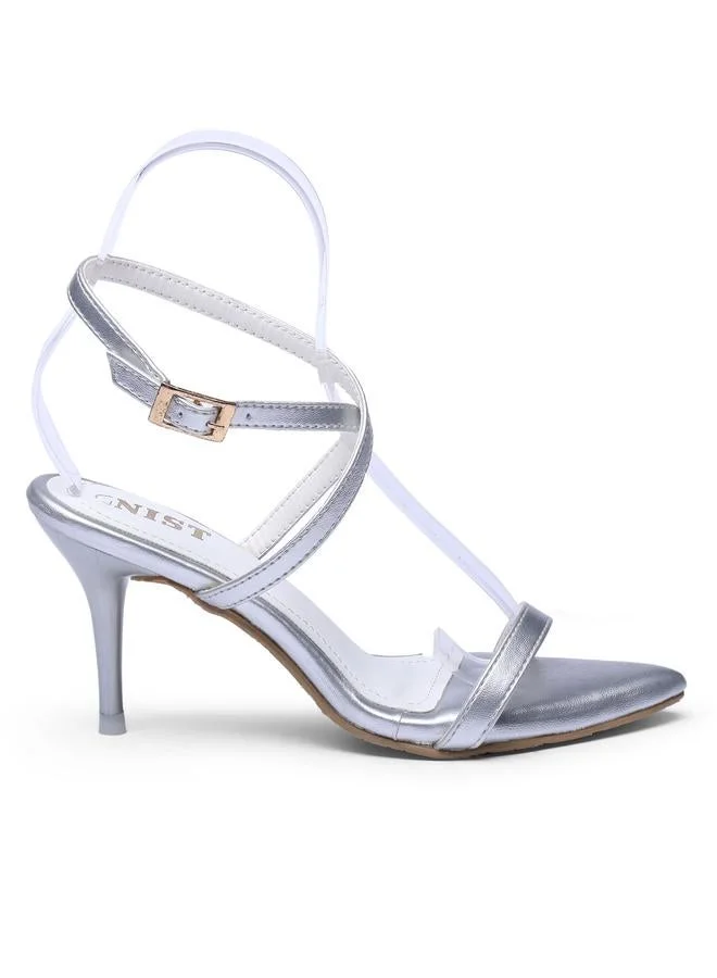 Gnist Silver Mid-Heel Sandals with Ankle Strap