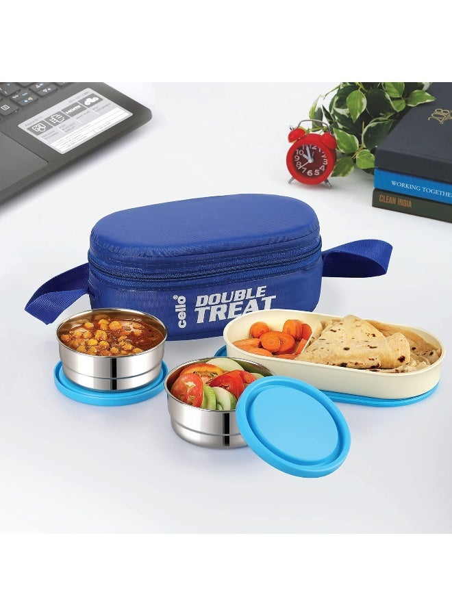 Cello صندوق غداء سيلو دابل تريت مع غلاف، 3 حاويات، (2 حاوية دائرية - 300 مل، 1 حاوية بيضاوية)، أزرق، فولاذ مقاوم للصدأ، بلاستيك - Image 1