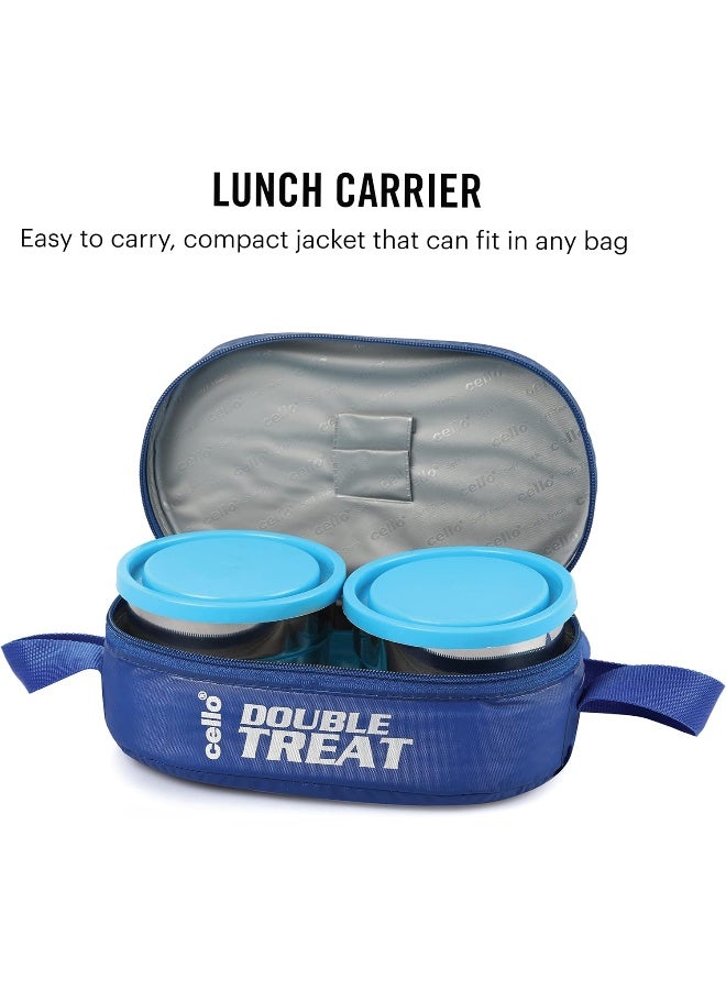 Cello صندوق غداء سيلو دابل تريت مع غلاف، 3 حاويات، (2 حاوية دائرية - 300 مل، 1 حاوية بيضاوية)، أزرق، فولاذ مقاوم للصدأ، بلاستيك - Image 4