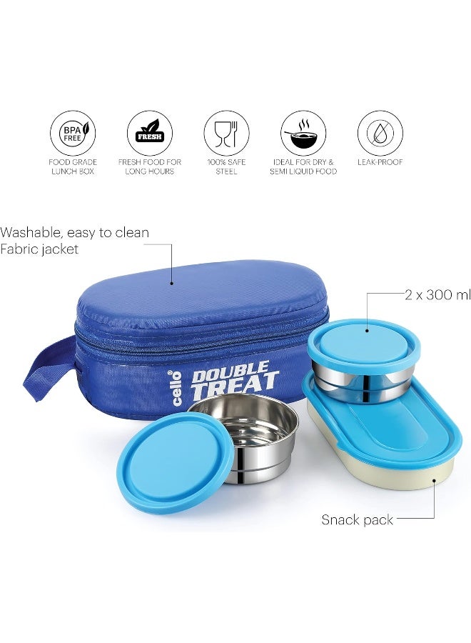 Cello صندوق غداء سيلو دابل تريت مع غلاف، 3 حاويات، (2 حاوية دائرية - 300 مل، 1 حاوية بيضاوية)، أزرق، فولاذ مقاوم للصدأ، بلاستيك - Image 3