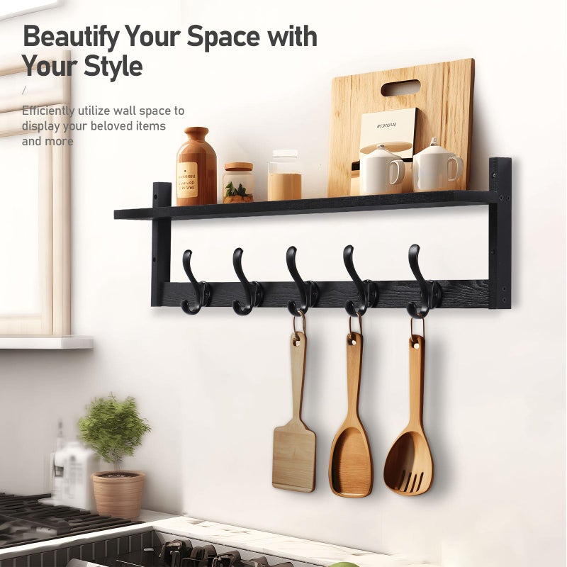 Tatub 29'' Coat Rack Wall Mount with Shelf, Wood Wall Hooks with Storage, Entryway Shelf with 5 Coat Hangers for Bathroom, Living Room, Bedroom, Black - Image 4