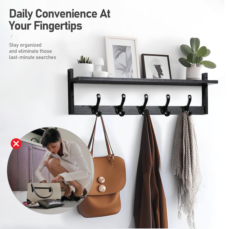 Tatub 29'' Coat Rack Wall Mount with Shelf, Wood Wall Hooks with Storage, Entryway Shelf with 5 Coat Hangers for Bathroom, Living Room, Bedroom, Black - Image 3